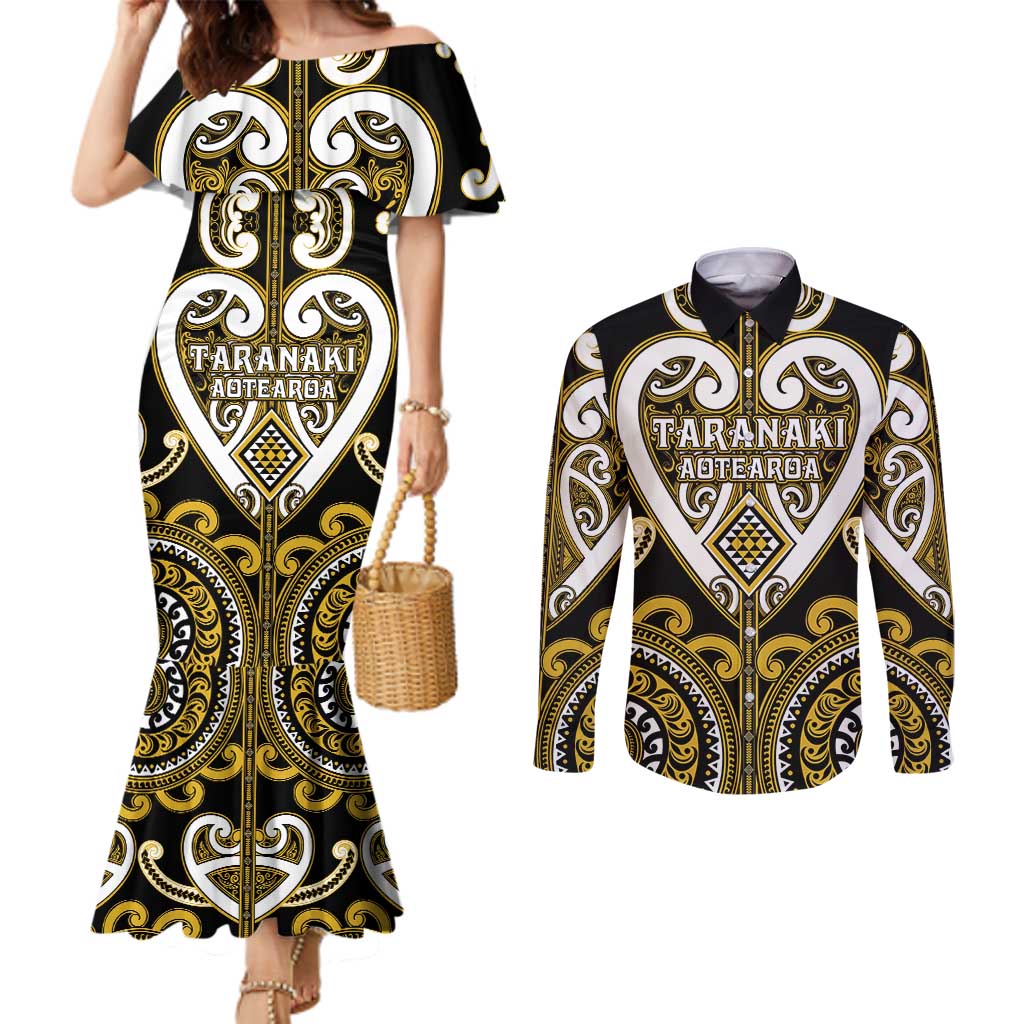 Custom Aotearoa Taranaki Couples Matching Mermaid Dress and Long Sleeve Button Shirt Maori Tribal Pattern LT05 Yellow - Polynesian Pride