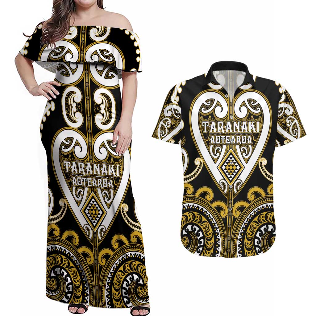 Custom Aotearoa Taranaki Couples Matching Off Shoulder Maxi Dress and Hawaiian Shirt Maori Tribal Pattern LT05 Yellow - Polynesian Pride