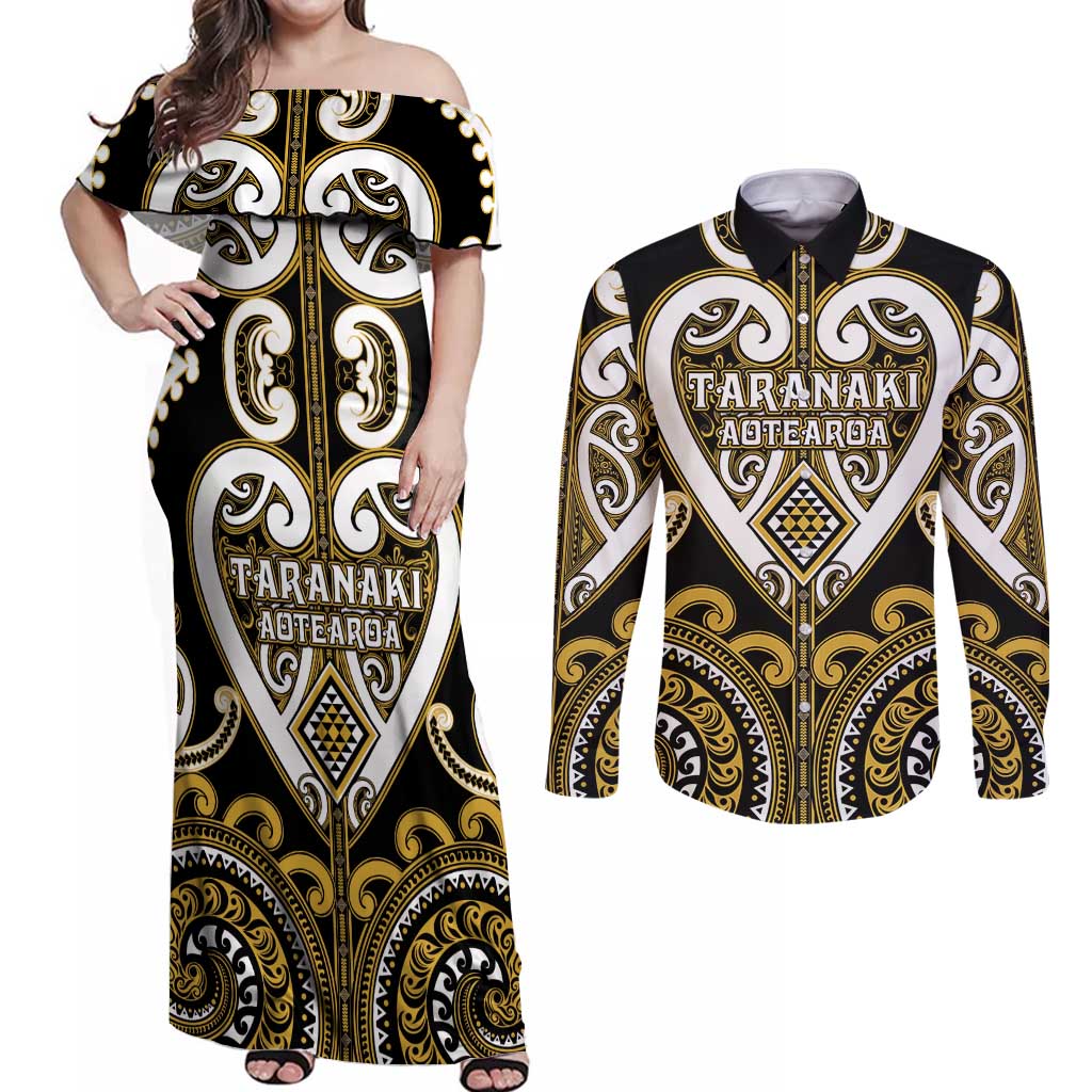Custom Aotearoa Taranaki Couples Matching Off Shoulder Maxi Dress and Long Sleeve Button Shirt Maori Tribal Pattern LT05 Yellow - Polynesian Pride
