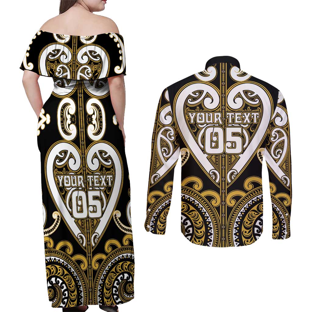 Custom Aotearoa Taranaki Couples Matching Off Shoulder Maxi Dress and Long Sleeve Button Shirt Maori Tribal Pattern LT05 - Polynesian Pride