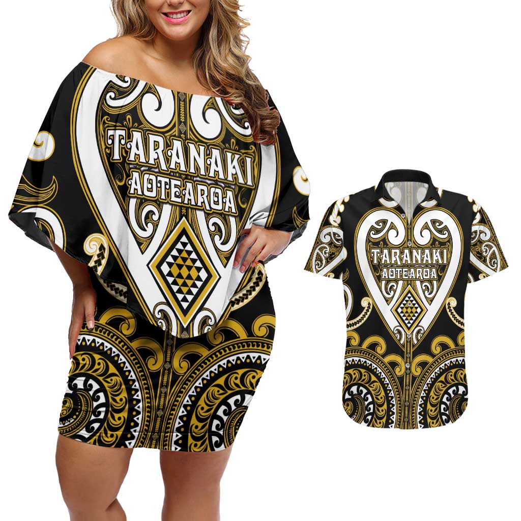 Custom Aotearoa Taranaki Couples Matching Off Shoulder Short Dress and Hawaiian Shirt Maori Tribal Pattern LT05 Yellow - Polynesian Pride