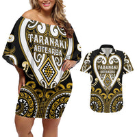 Custom Aotearoa Taranaki Couples Matching Off Shoulder Short Dress and Hawaiian Shirt Maori Tribal Pattern LT05 Yellow - Polynesian Pride