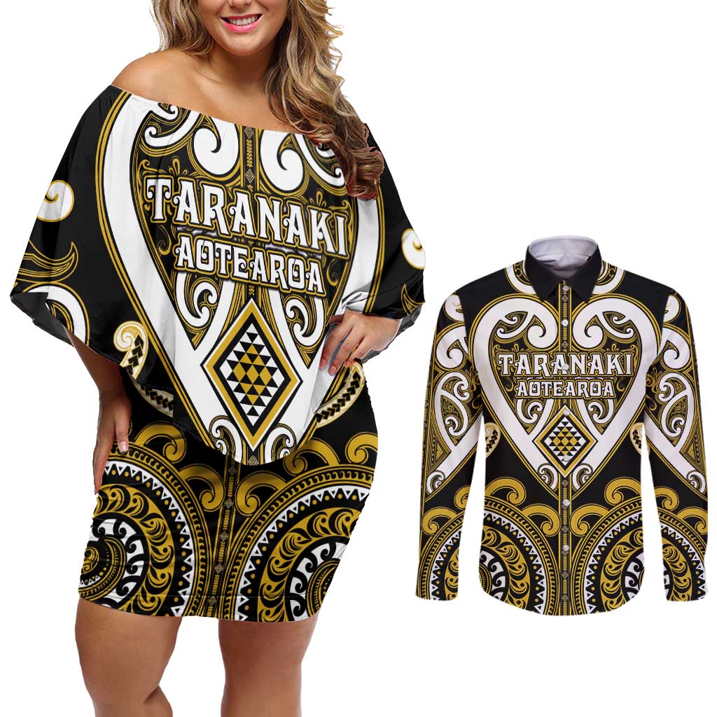 Custom Aotearoa Taranaki Couples Matching Off Shoulder Short Dress and Long Sleeve Button Shirt Maori Tribal Pattern LT05 Yellow - Polynesian Pride