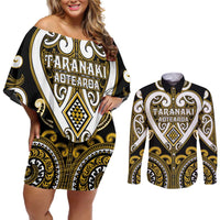 Custom Aotearoa Taranaki Couples Matching Off Shoulder Short Dress and Long Sleeve Button Shirt Maori Tribal Pattern LT05 Yellow - Polynesian Pride