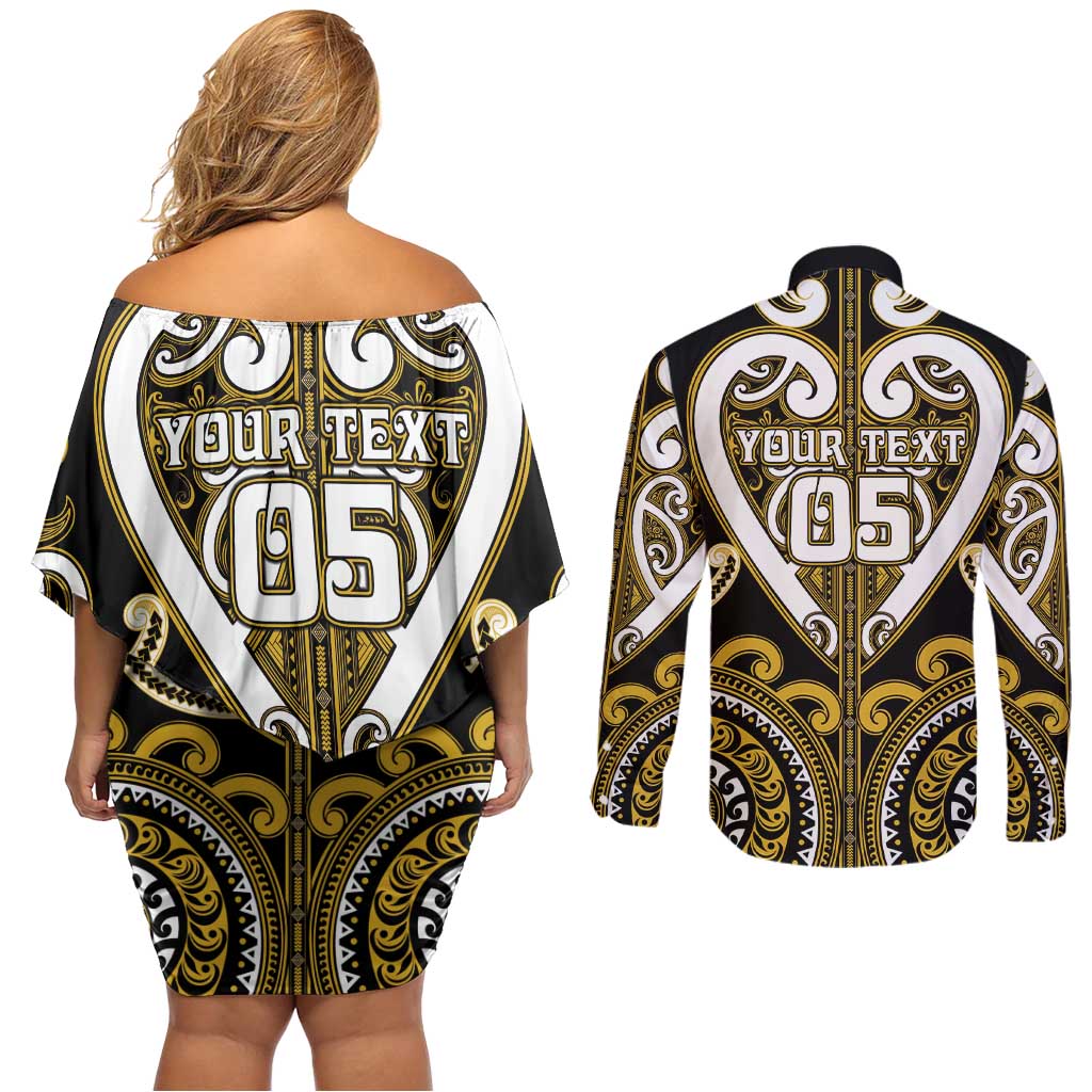 Custom Aotearoa Taranaki Couples Matching Off Shoulder Short Dress and Long Sleeve Button Shirt Maori Tribal Pattern LT05 - Polynesian Pride