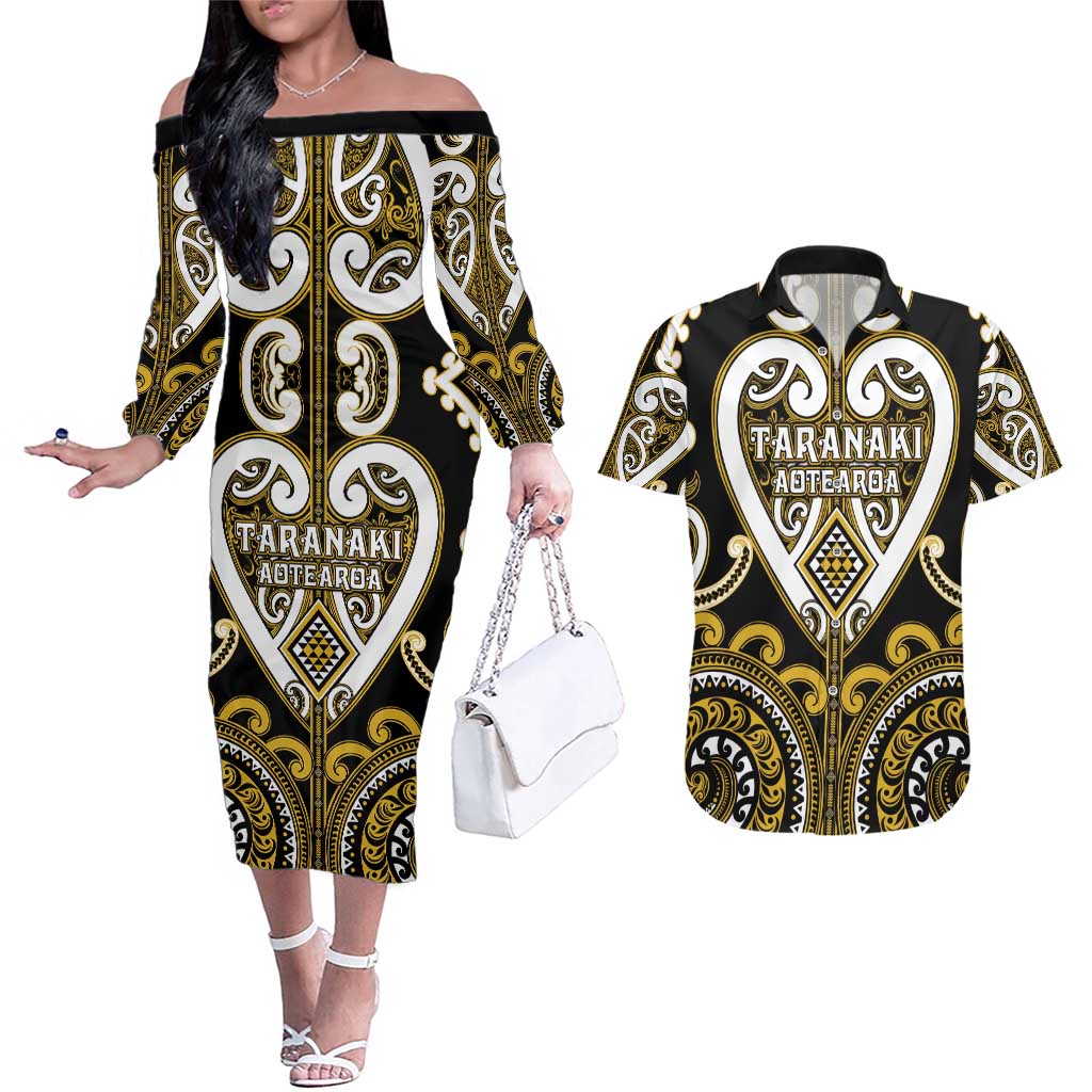 Custom Aotearoa Taranaki Couples Matching Off The Shoulder Long Sleeve Dress and Hawaiian Shirt Maori Tribal Pattern LT05 Yellow - Polynesian Pride