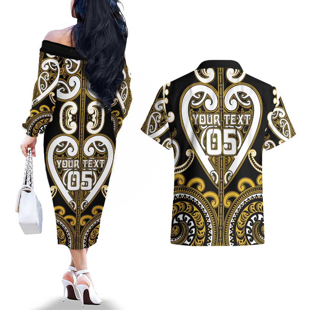 Custom Aotearoa Taranaki Couples Matching Off The Shoulder Long Sleeve Dress and Hawaiian Shirt Maori Tribal Pattern LT05 - Polynesian Pride