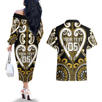Custom Aotearoa Taranaki Couples Matching Off The Shoulder Long Sleeve Dress and Hawaiian Shirt Maori Tribal Pattern LT05 - Polynesian Pride