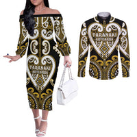 Custom Aotearoa Taranaki Couples Matching Off The Shoulder Long Sleeve Dress and Long Sleeve Button Shirt Maori Tribal Pattern LT05 Yellow - Polynesian Pride
