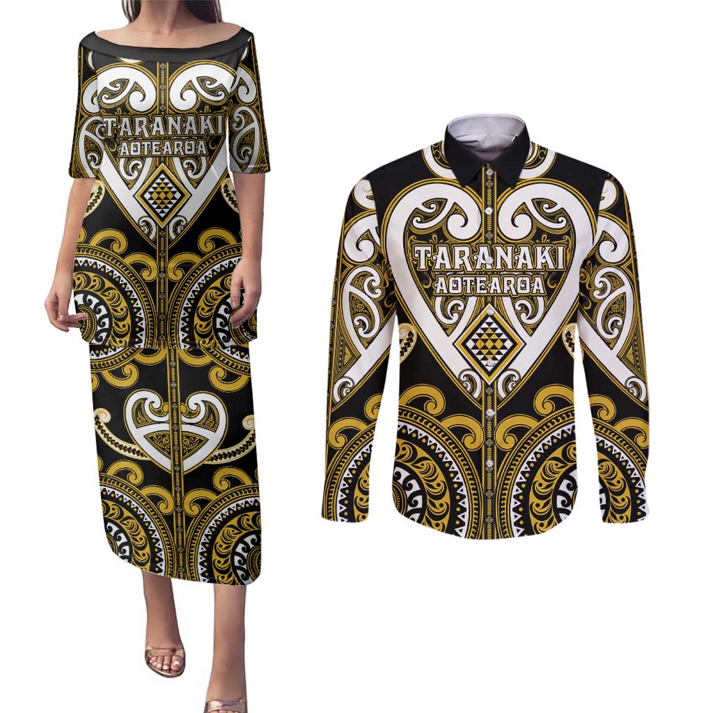 Custom Aotearoa Taranaki Couples Matching Puletasi and Long Sleeve Button Shirt Maori Tribal Pattern LT05 Yellow - Polynesian Pride
