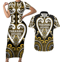 Custom Aotearoa Taranaki Couples Matching Short Sleeve Bodycon Dress and Hawaiian Shirt Maori Tribal Pattern LT05 Yellow - Polynesian Pride