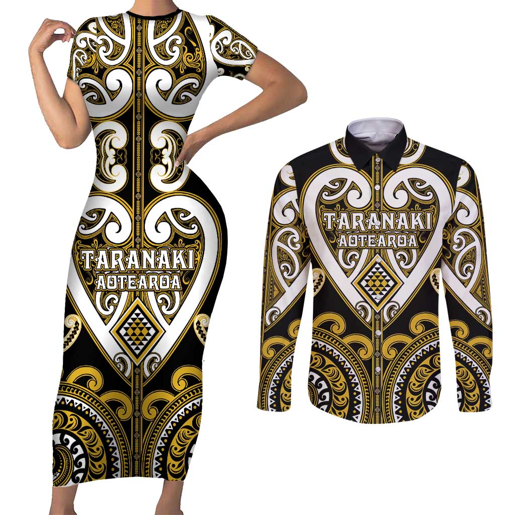 Custom Aotearoa Taranaki Couples Matching Short Sleeve Bodycon Dress and Long Sleeve Button Shirt Maori Tribal Pattern LT05 Yellow - Polynesian Pride