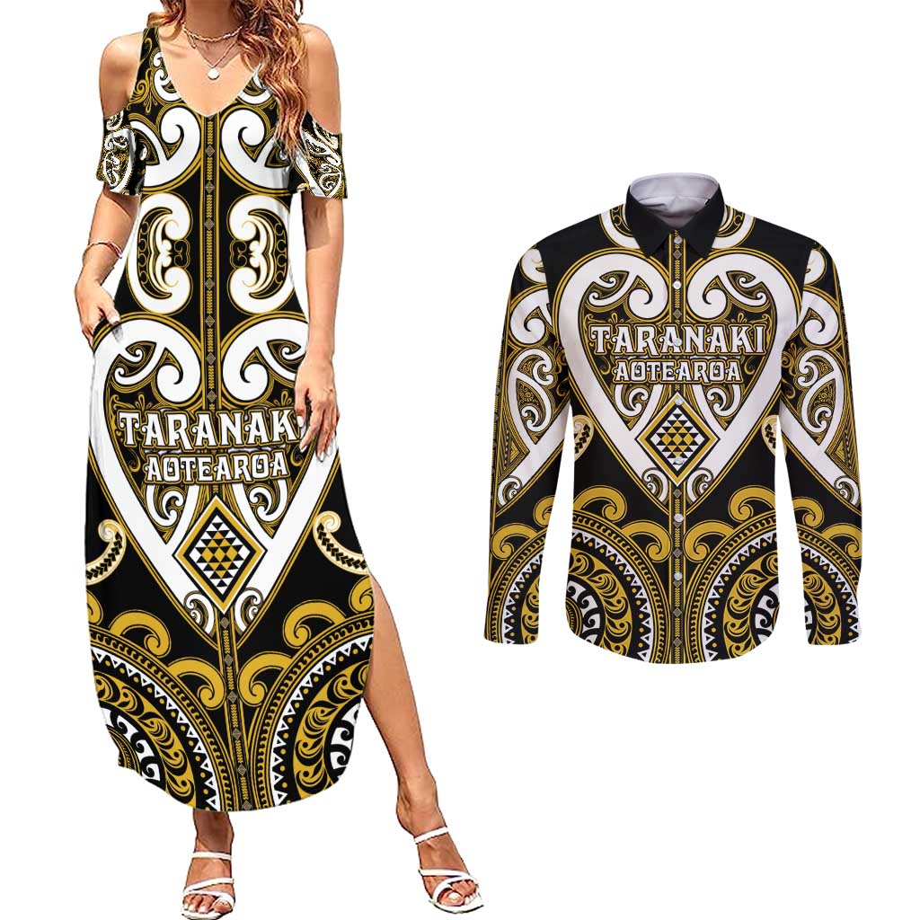 Custom Aotearoa Taranaki Couples Matching Summer Maxi Dress and Long Sleeve Button Shirt Maori Tribal Pattern LT05 Yellow - Polynesian Pride