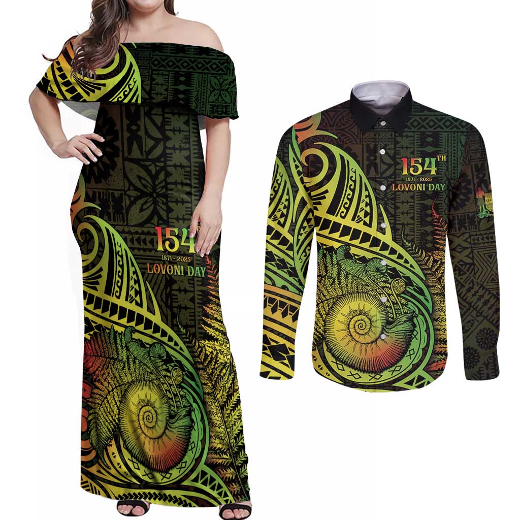 Personalised Fiji Lovoni Day Couples Matching Off Shoulder Maxi Dress and Long Sleeve Button Shirt 154th Years