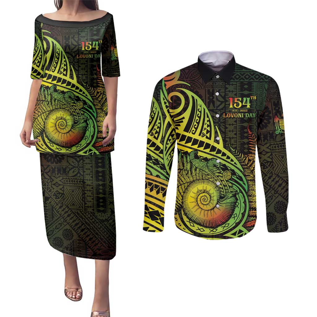 Personalised Fiji Lovoni Day Couples Matching Puletasi and Long Sleeve Button Shirt 154th Years