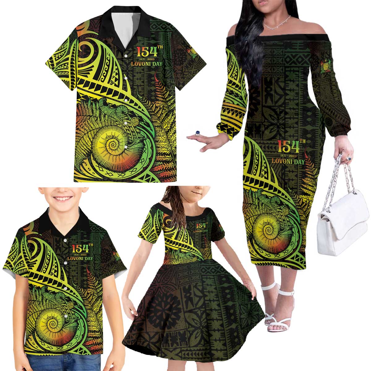 Personalised Fiji Lovoni Day Family Matching Off The Shoulder Long Sleeve Dress and Hawaiian Shirt 154th Years