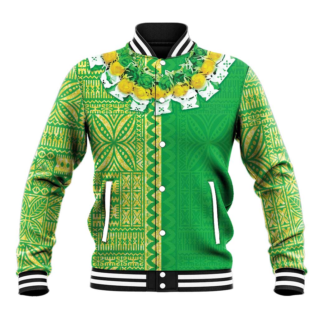 Fiji Lovoni Baseball Jacket Fijian Tapa Salusalu Green Glitter