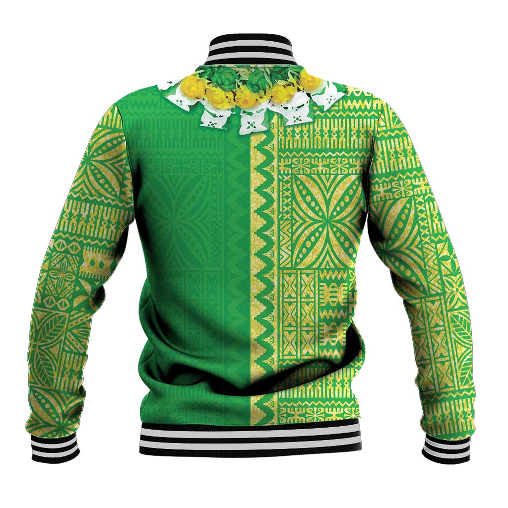 Fiji Lovoni Baseball Jacket Fijian Tapa Salusalu Green Glitter