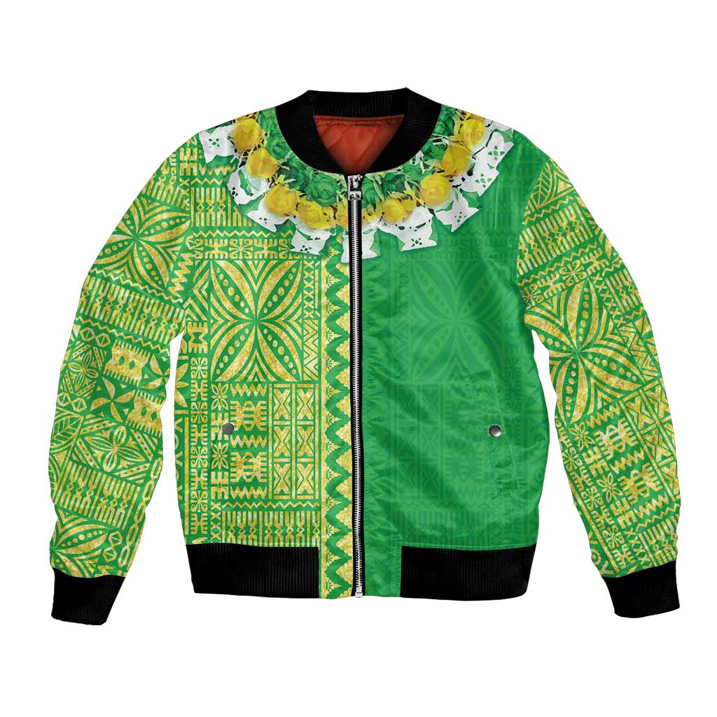 Fiji Lovoni Bomber Jacket Fijian Tapa Salusalu Green Glitter