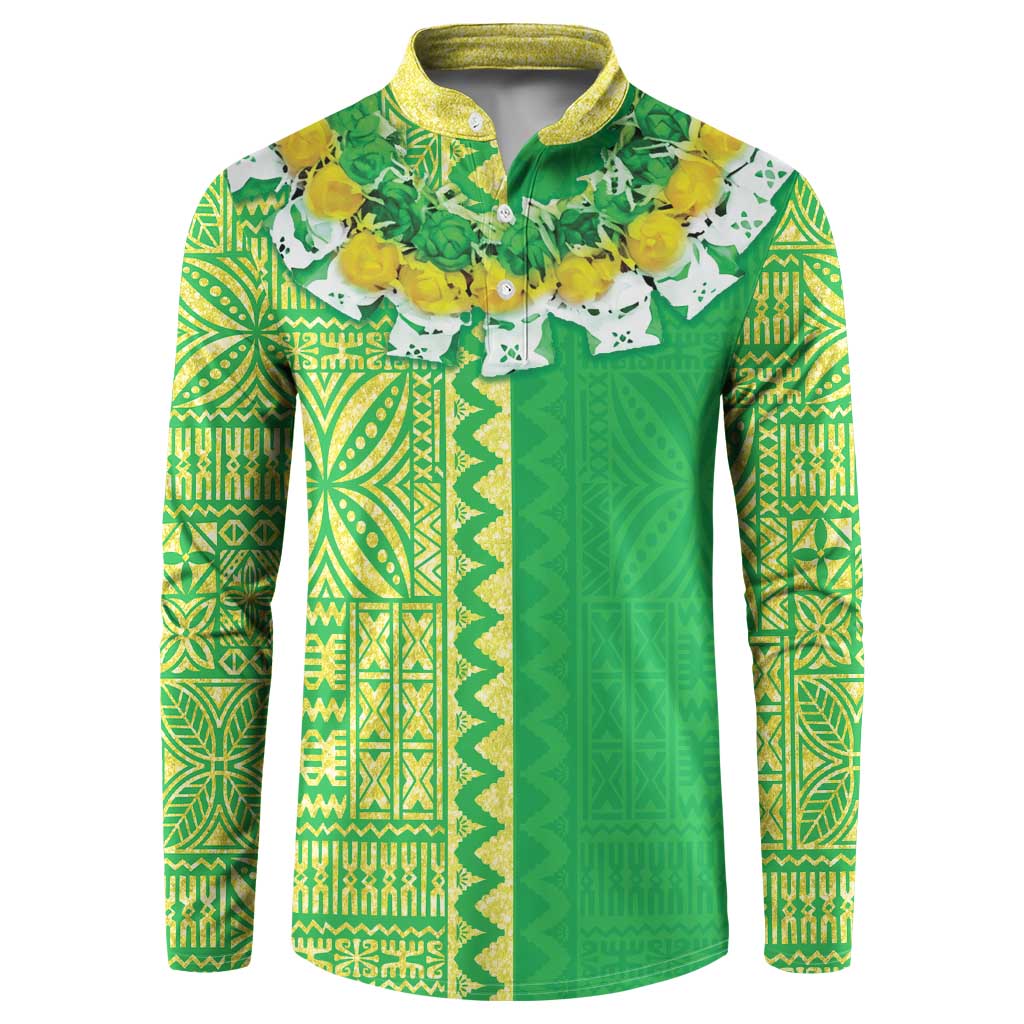 Fiji Lovoni Button Sweatshirt Fijian Tapa Salusalu Green Glitter
