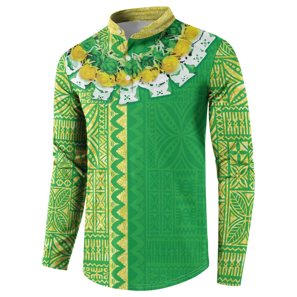 Fiji Lovoni Button Sweatshirt Fijian Tapa Salusalu Green Glitter