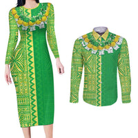 Fiji Lovoni Couples Matching Long Sleeve Bodycon Dress and Long Sleeve Button Shirt Fijian Tapa Salusalu Green Glitter