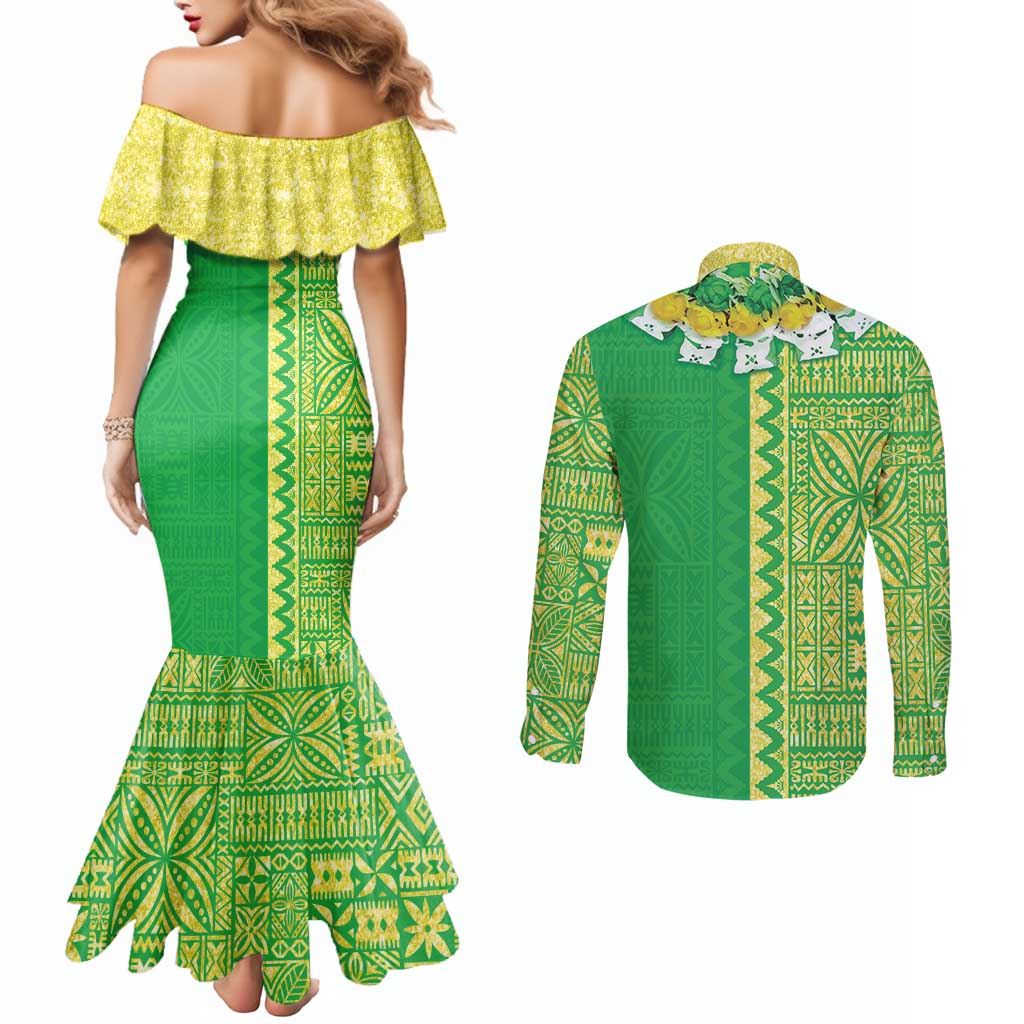 Fiji Lovoni Couples Matching Mermaid Dress and Long Sleeve Button Shirt Fijian Tapa Salusalu Green Glitter
