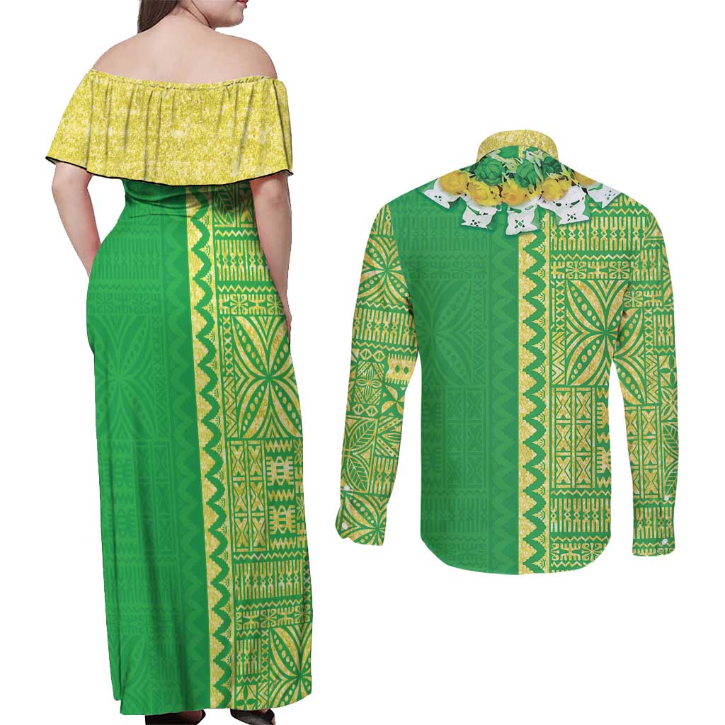 Fiji Lovoni Couples Matching Off Shoulder Maxi Dress and Long Sleeve Button Shirt Fijian Tapa Salusalu Green Glitter
