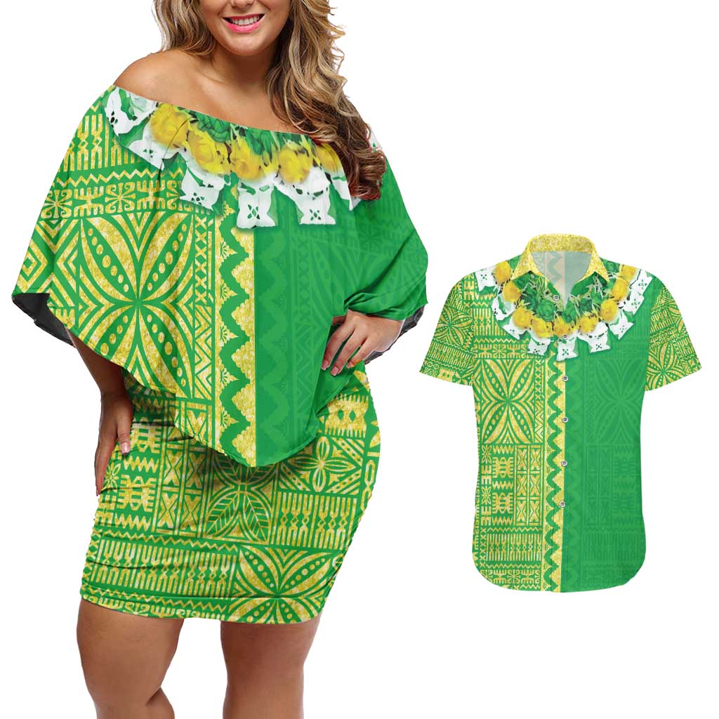 Fiji Lovoni Couples Matching Off Shoulder Short Dress and Hawaiian Shirt Fijian Tapa Salusalu Green Glitter