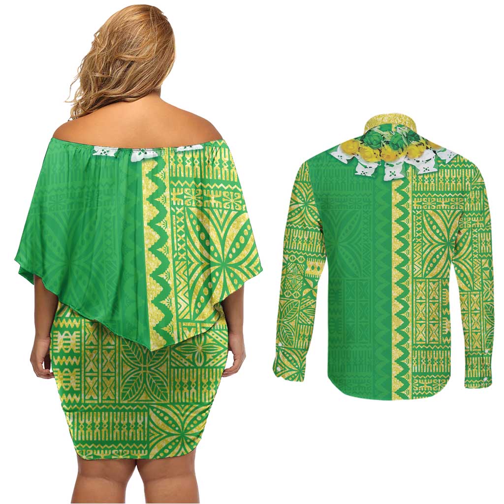 Fiji Lovoni Couples Matching Off Shoulder Short Dress and Long Sleeve Button Shirt Fijian Tapa Salusalu Green Glitter