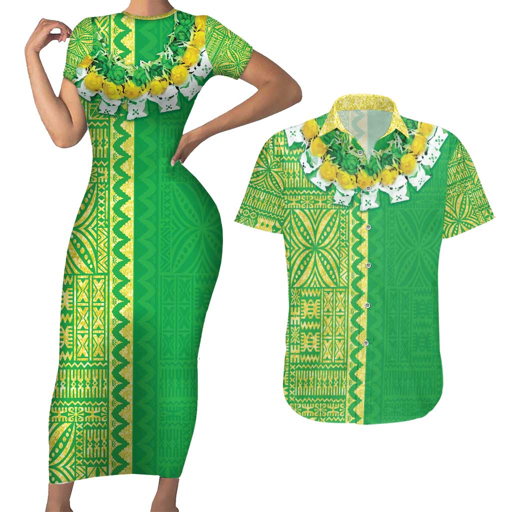 Fiji Lovoni Couples Matching Short Sleeve Bodycon Dress and Hawaiian Shirt Fijian Tapa Salusalu Green Glitter