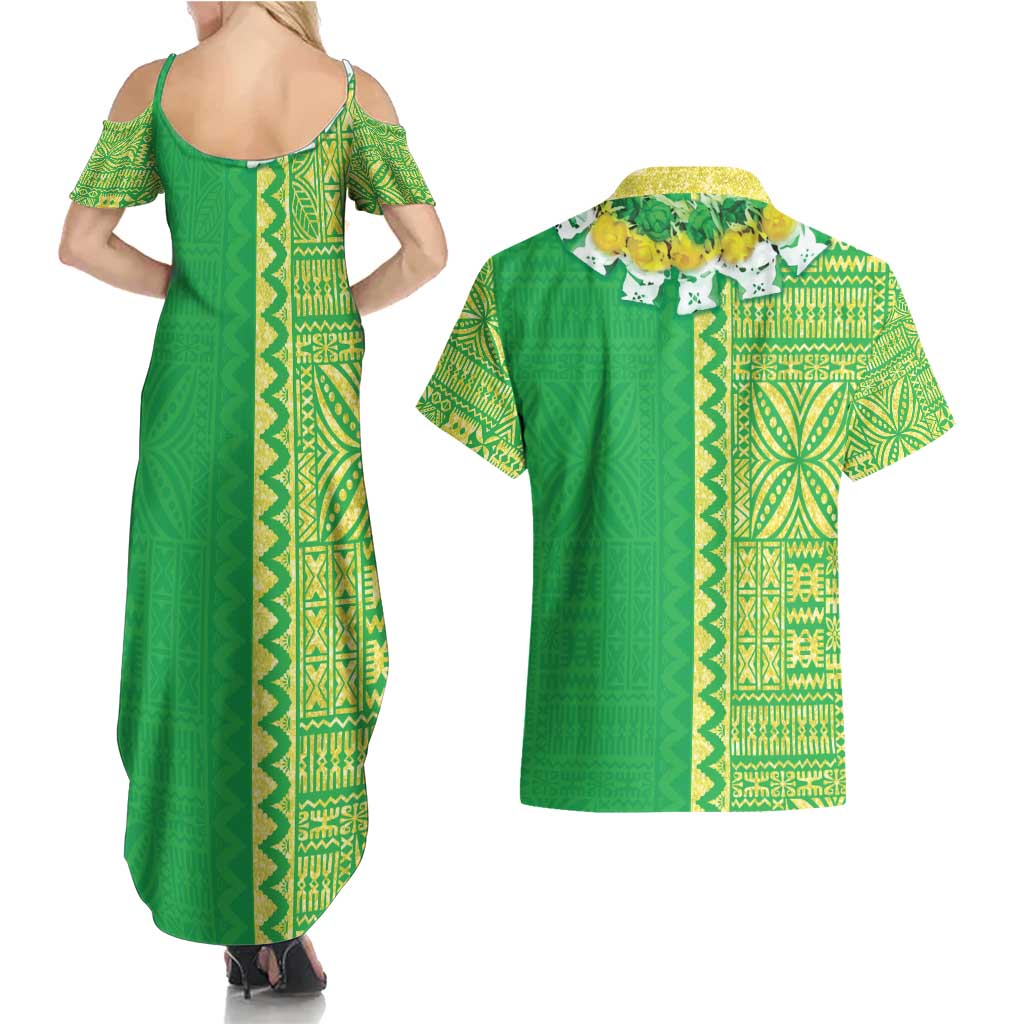 Fiji Lovoni Couples Matching Summer Maxi Dress and Hawaiian Shirt Fijian Tapa Salusalu Green Glitter