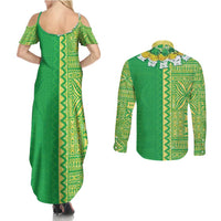 Fiji Lovoni Couples Matching Summer Maxi Dress and Long Sleeve Button Shirt Fijian Tapa Salusalu Green Glitter