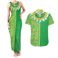Fiji Lovoni Couples Matching Tank Maxi Dress and Hawaiian Shirt Fijian Tapa Salusalu Green Glitter