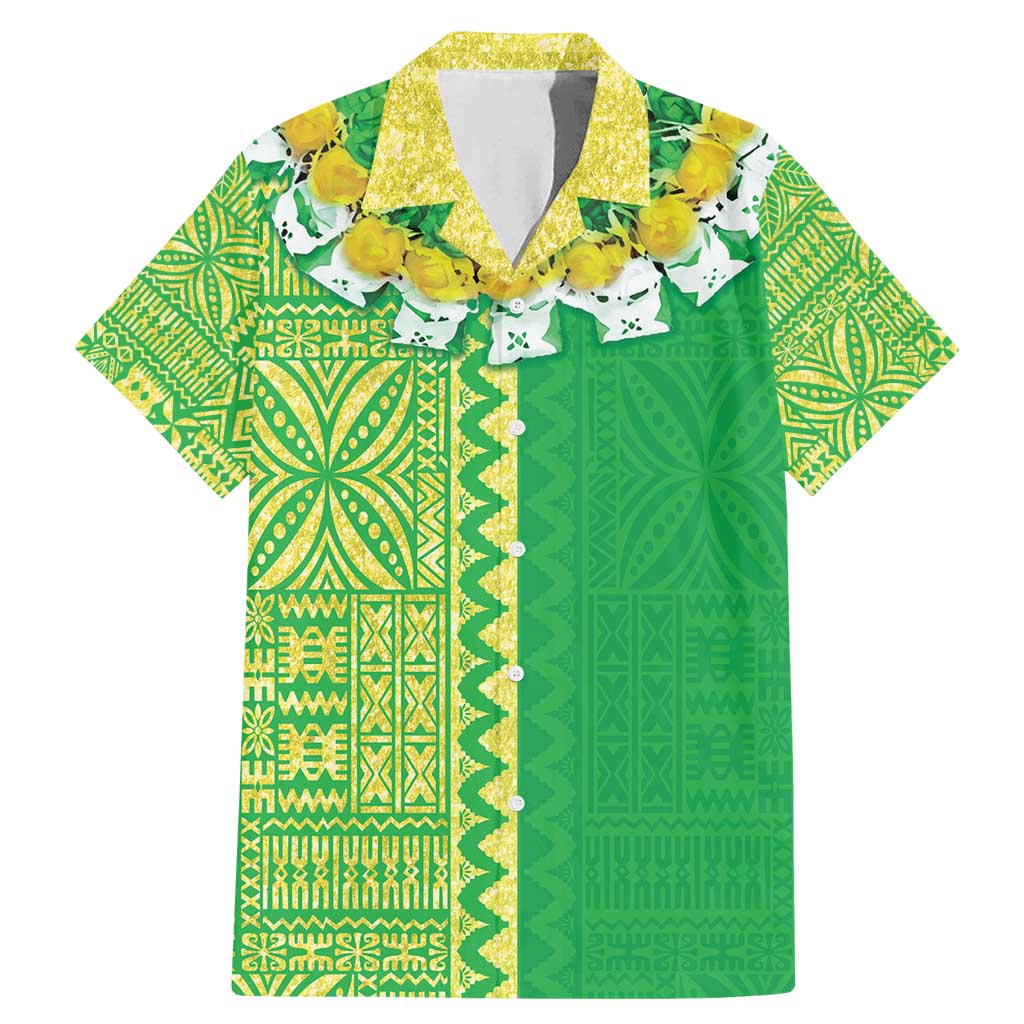 Fiji Lovoni Family Matching Mermaid Dress and Hawaiian Shirt Fijian Tapa Salusalu Green Glitter