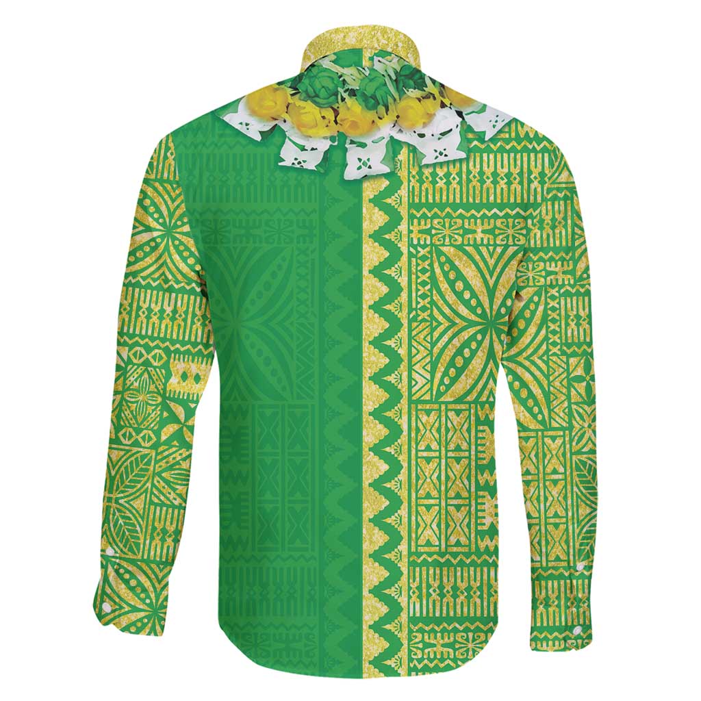 Fiji Lovoni Family Matching Mermaid Dress and Hawaiian Shirt Fijian Tapa Salusalu Green Glitter