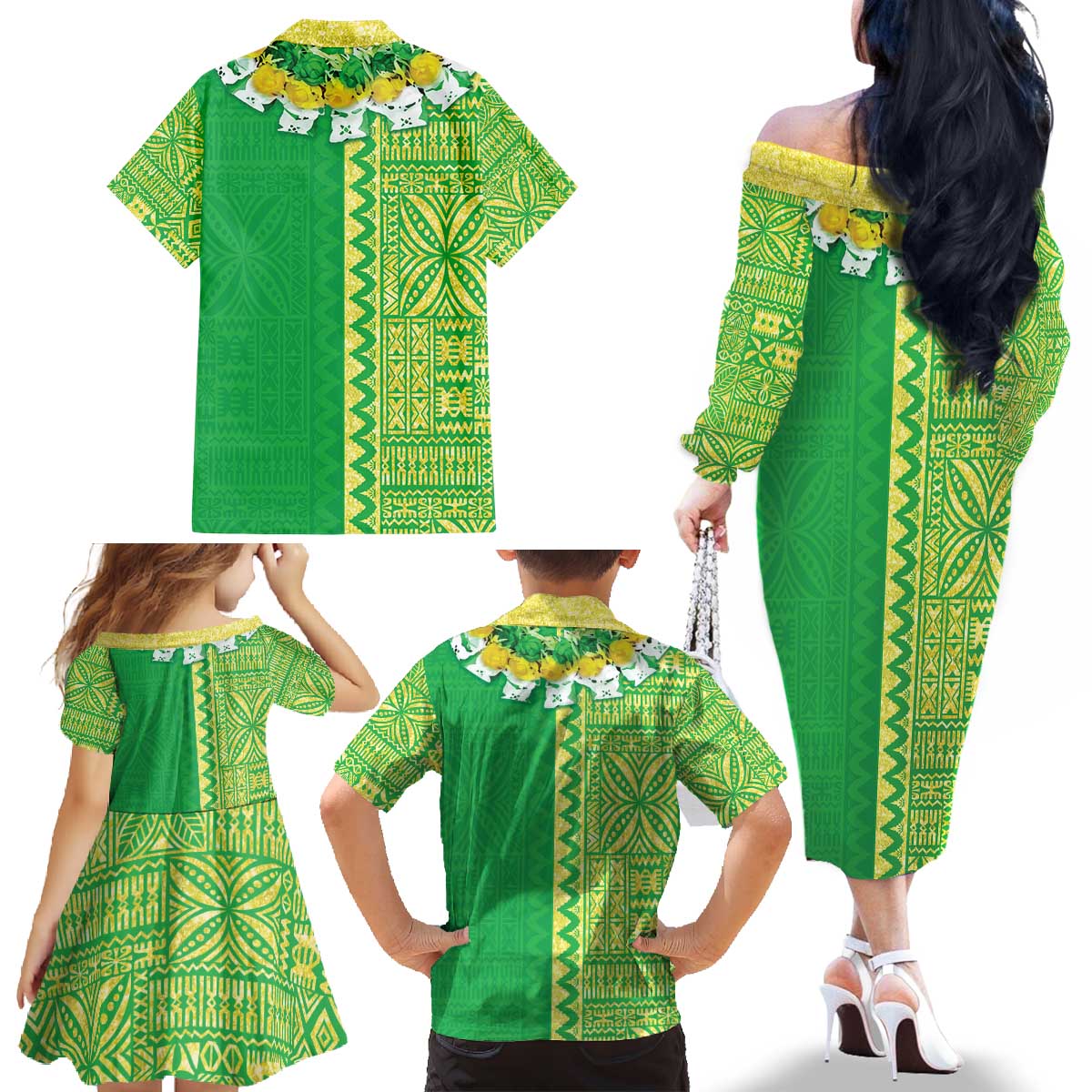 Fiji Lovoni Family Matching Off The Shoulder Long Sleeve Dress and Hawaiian Shirt Fijian Tapa Salusalu Green Glitter