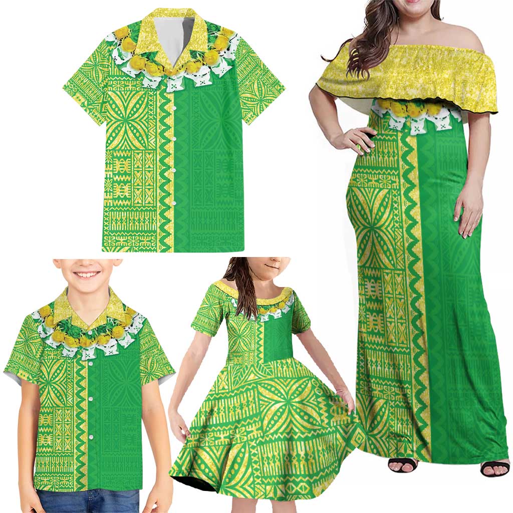 Fiji Lovoni Family Matching Off Shoulder Maxi Dress and Hawaiian Shirt Fijian Tapa Salusalu Green Glitter