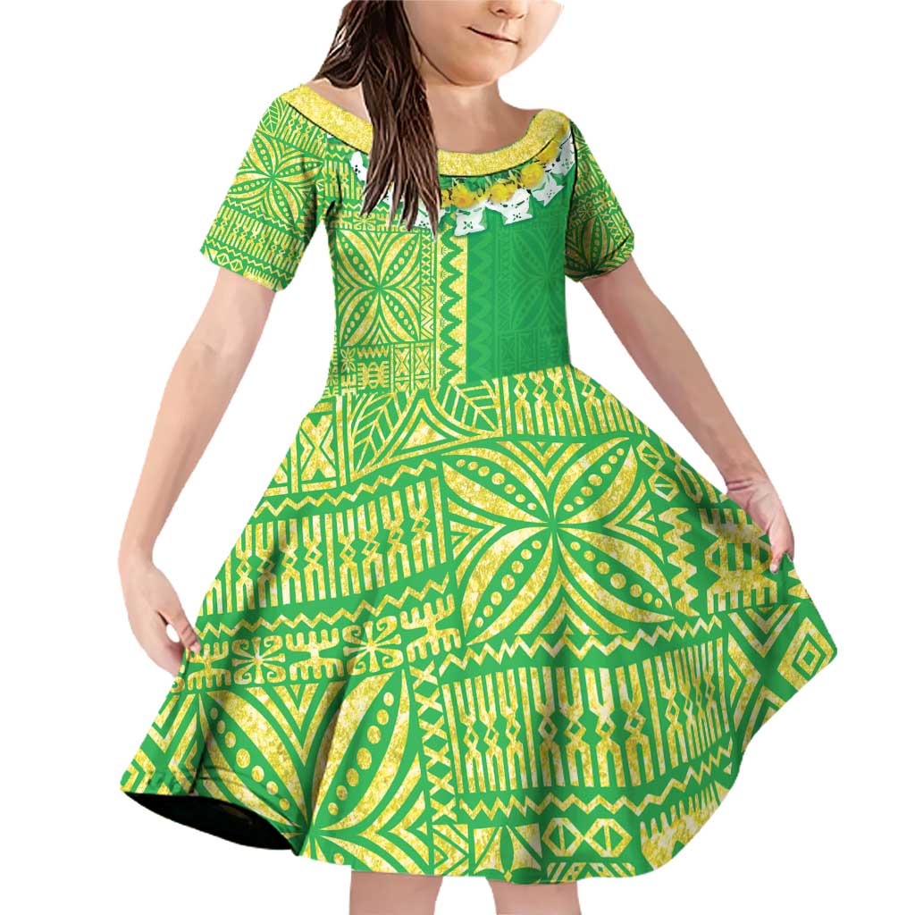 Fiji Lovoni Family Matching Off Shoulder Short Dress and Hawaiian Shirt Fijian Tapa Salusalu Green Glitter