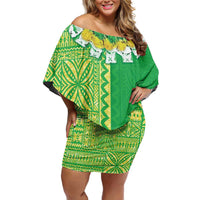 Fiji Lovoni Family Matching Off Shoulder Short Dress and Hawaiian Shirt Fijian Tapa Salusalu Green Glitter