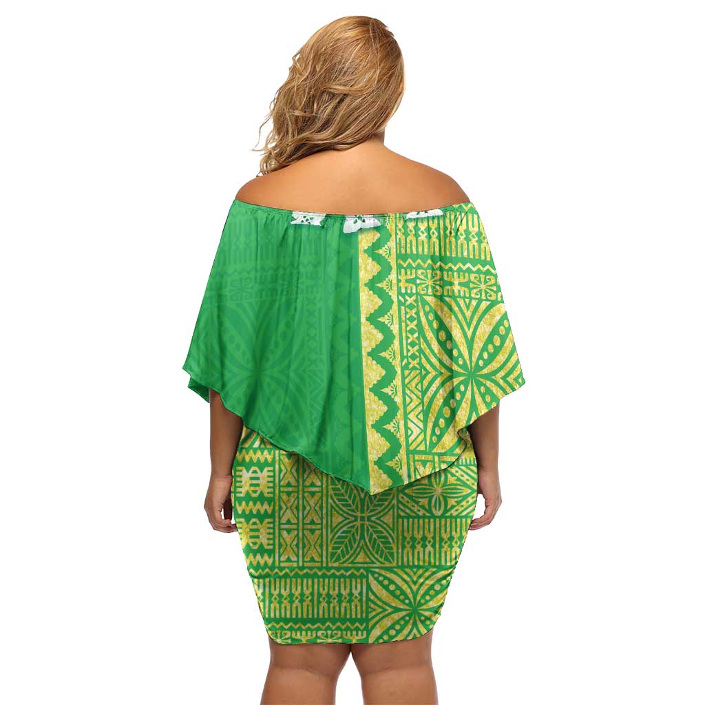 Fiji Lovoni Family Matching Off Shoulder Short Dress and Hawaiian Shirt Fijian Tapa Salusalu Green Glitter