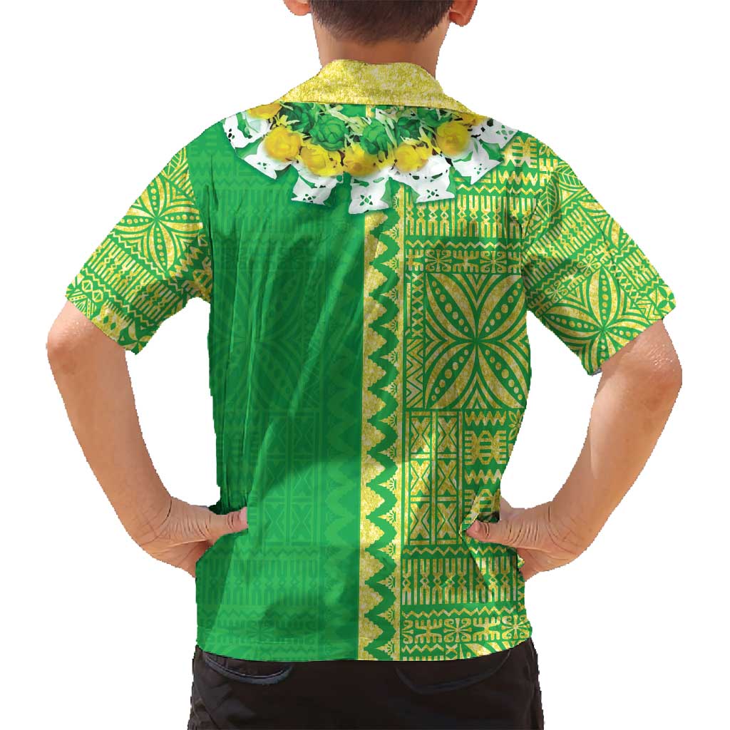 Fiji Lovoni Family Matching Puletasi and Hawaiian Shirt Fijian Tapa Salusalu Green Glitter