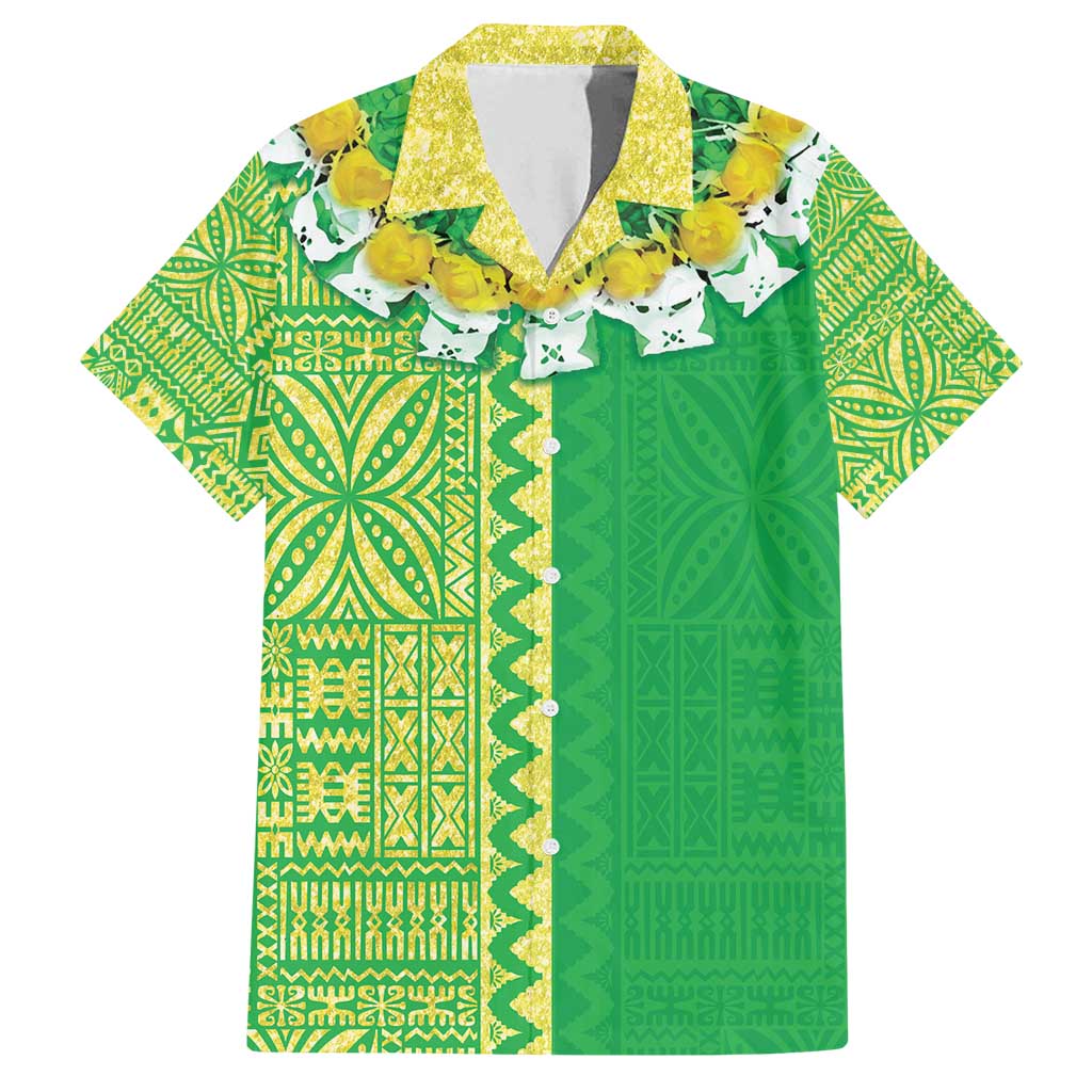 Fiji Lovoni Family Matching Puletasi and Hawaiian Shirt Fijian Tapa Salusalu Green Glitter