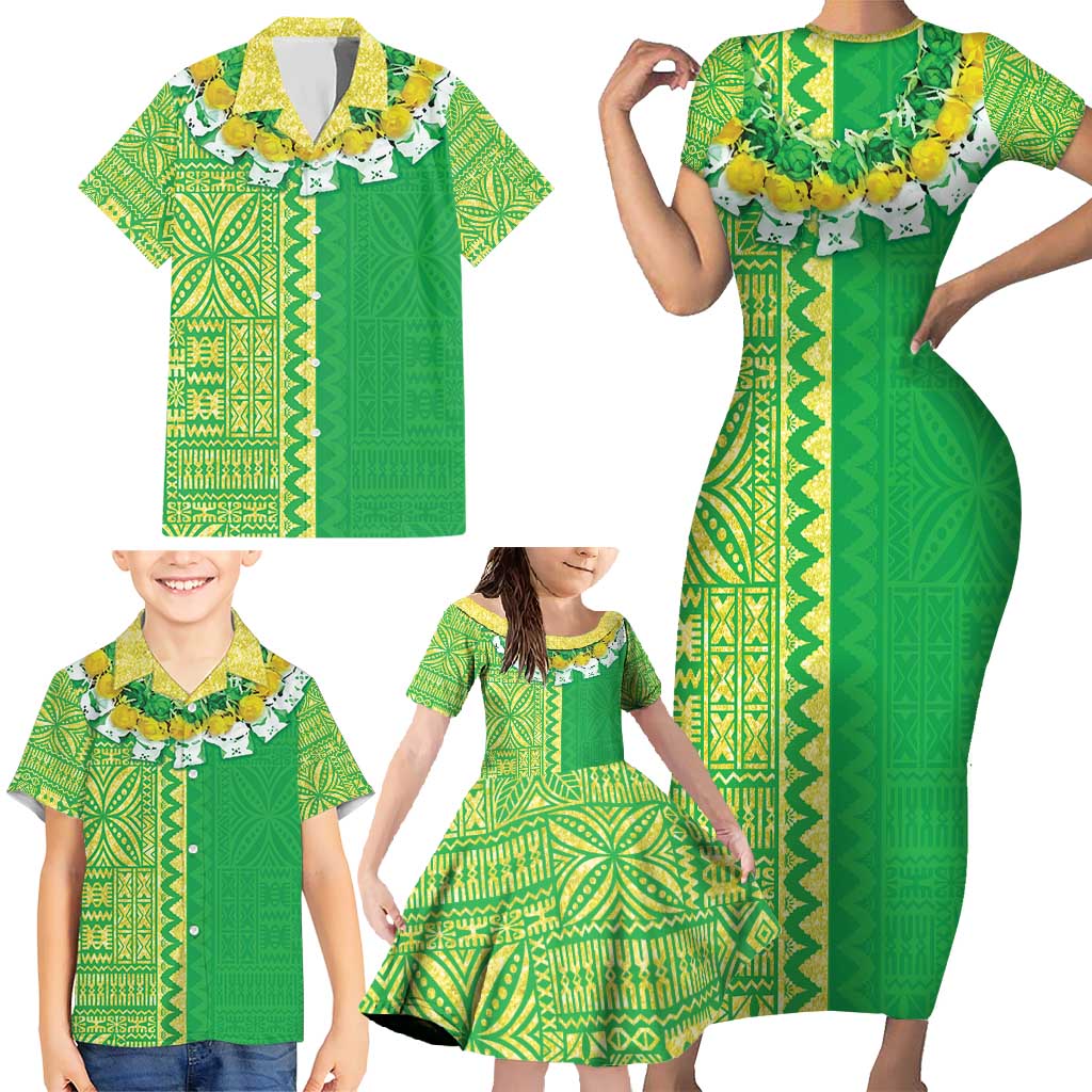 Fiji Lovoni Family Matching Short Sleeve Bodycon Dress and Hawaiian Shirt Fijian Tapa Salusalu Green Glitter