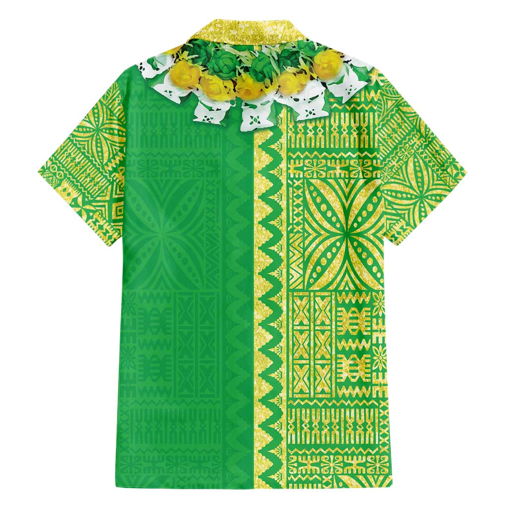 Fiji Lovoni Family Matching Short Sleeve Bodycon Dress and Hawaiian Shirt Fijian Tapa Salusalu Green Glitter