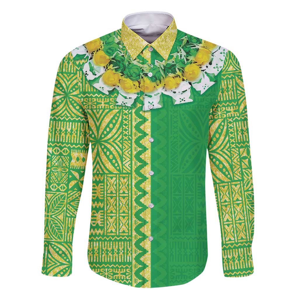 Fiji Lovoni Family Matching Short Sleeve Bodycon Dress and Hawaiian Shirt Fijian Tapa Salusalu Green Glitter