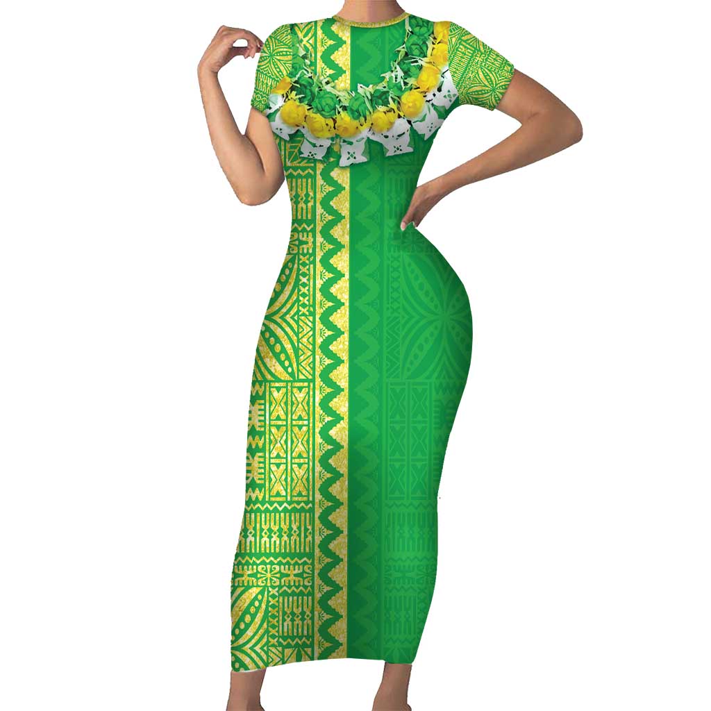 Fiji Lovoni Family Matching Short Sleeve Bodycon Dress and Hawaiian Shirt Fijian Tapa Salusalu Green Glitter