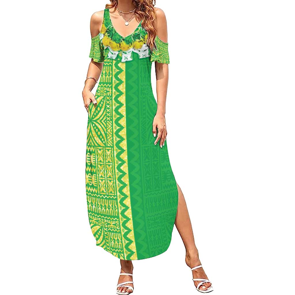 Fiji Lovoni Family Matching Summer Maxi Dress and Hawaiian Shirt Fijian Tapa Salusalu Green Glitter