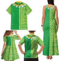 Fiji Lovoni Family Matching Tank Maxi Dress and Hawaiian Shirt Fijian Tapa Salusalu Green Glitter