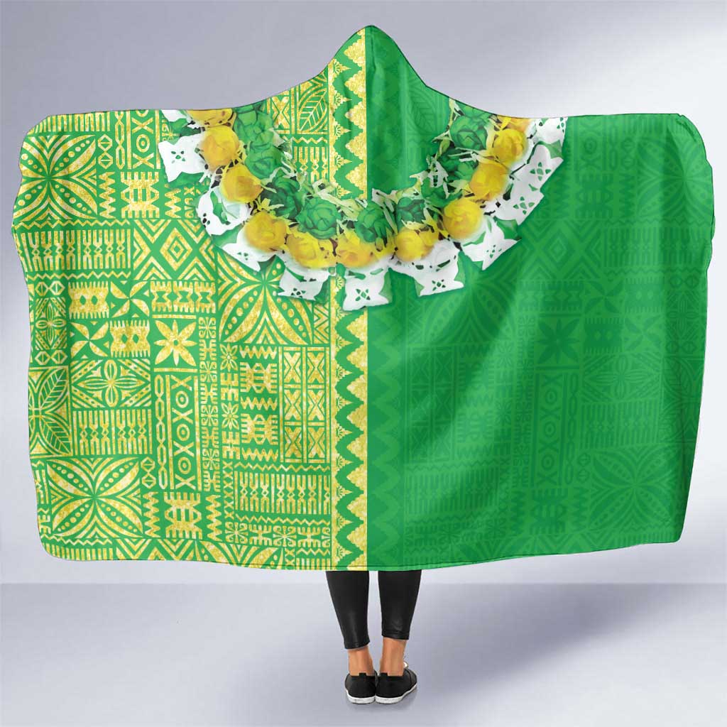 Fiji Lovoni Hooded Blanket Fijian Tapa Salusalu Green Glitter